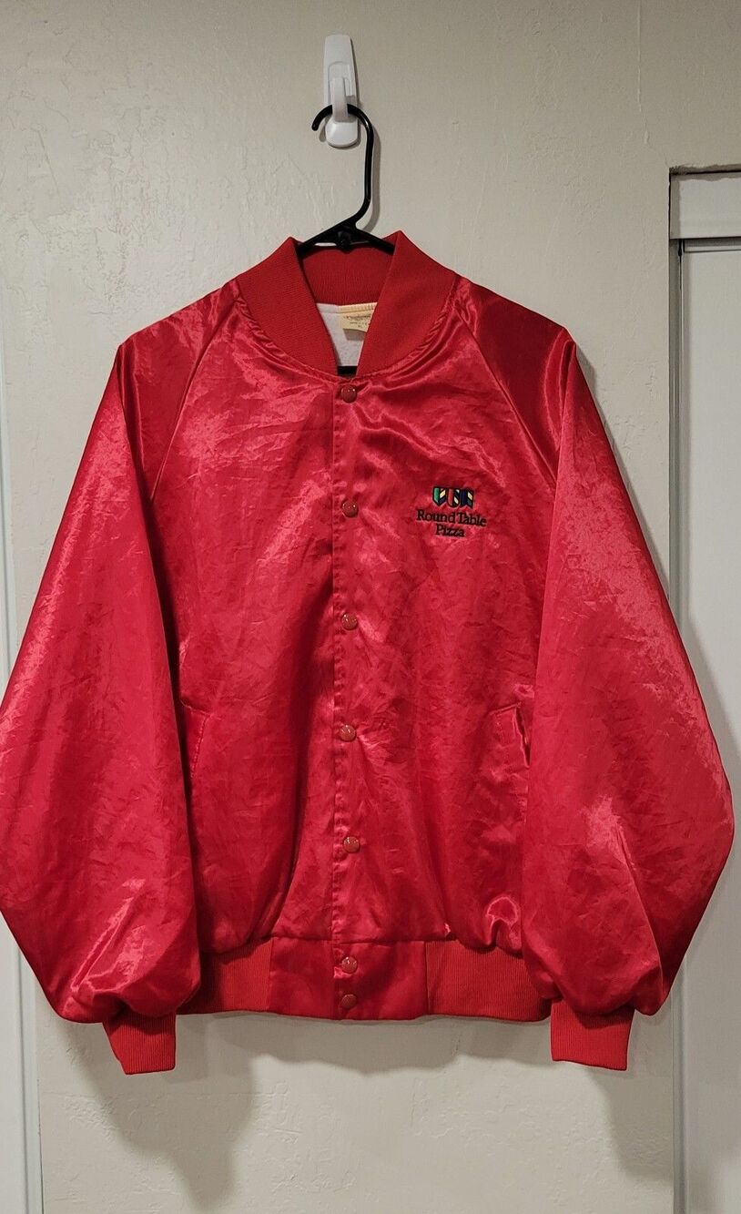 VINTAGE 80s ROUND TABLE ADULT MENS SATIN JACKET USA RED SIZE XL RARE